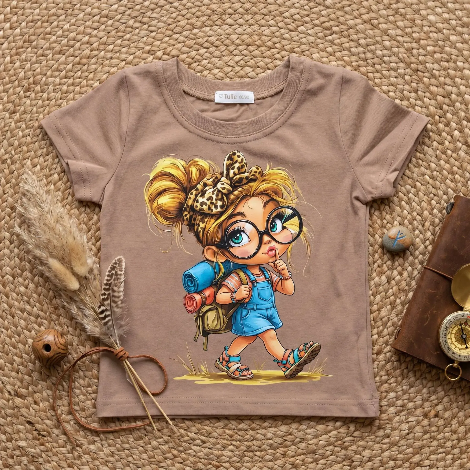 Meisjes T-shirt met avontuurlijk meisje print – beige (86/92)