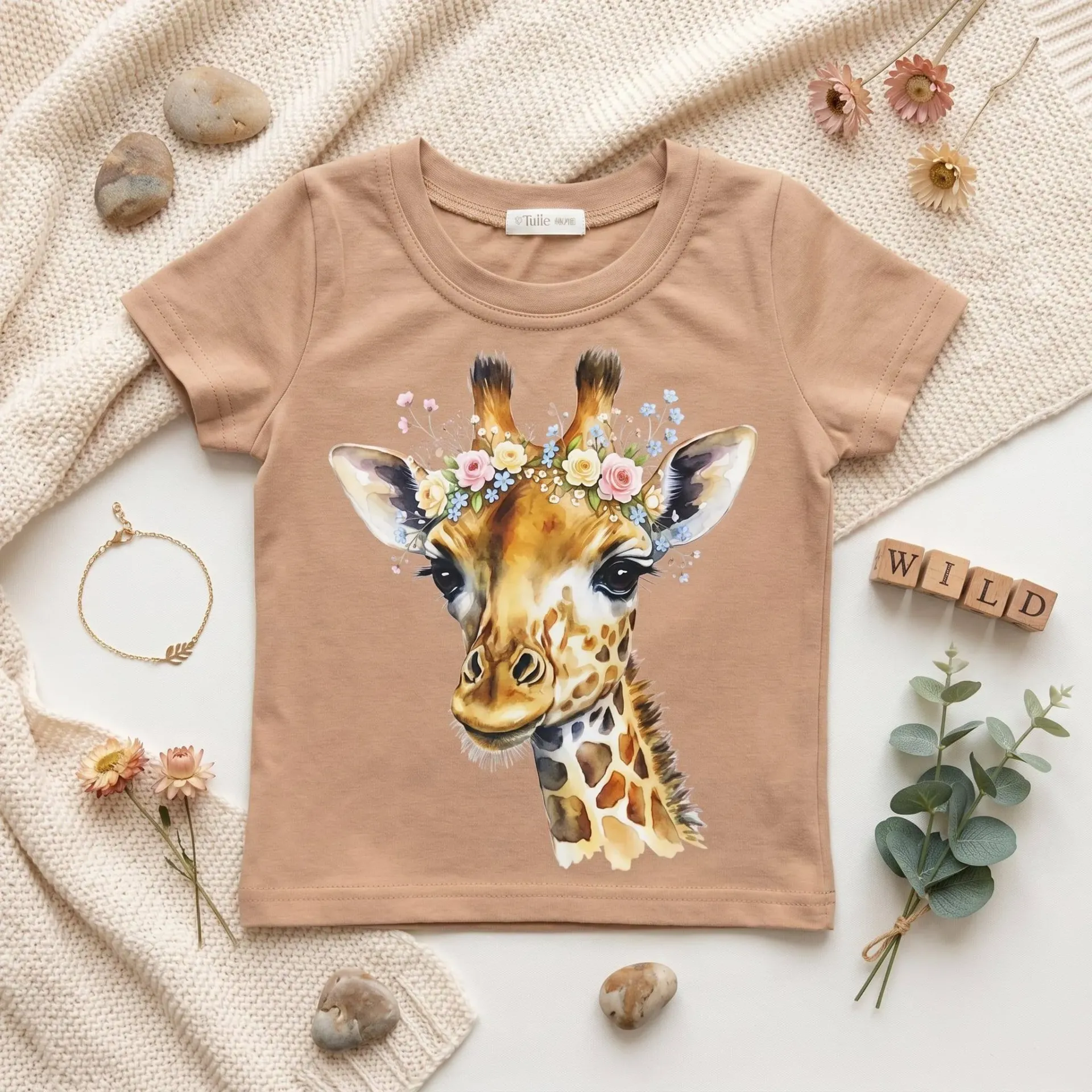 Girls T-shirt with giraffe and floral print – beige (86/92)