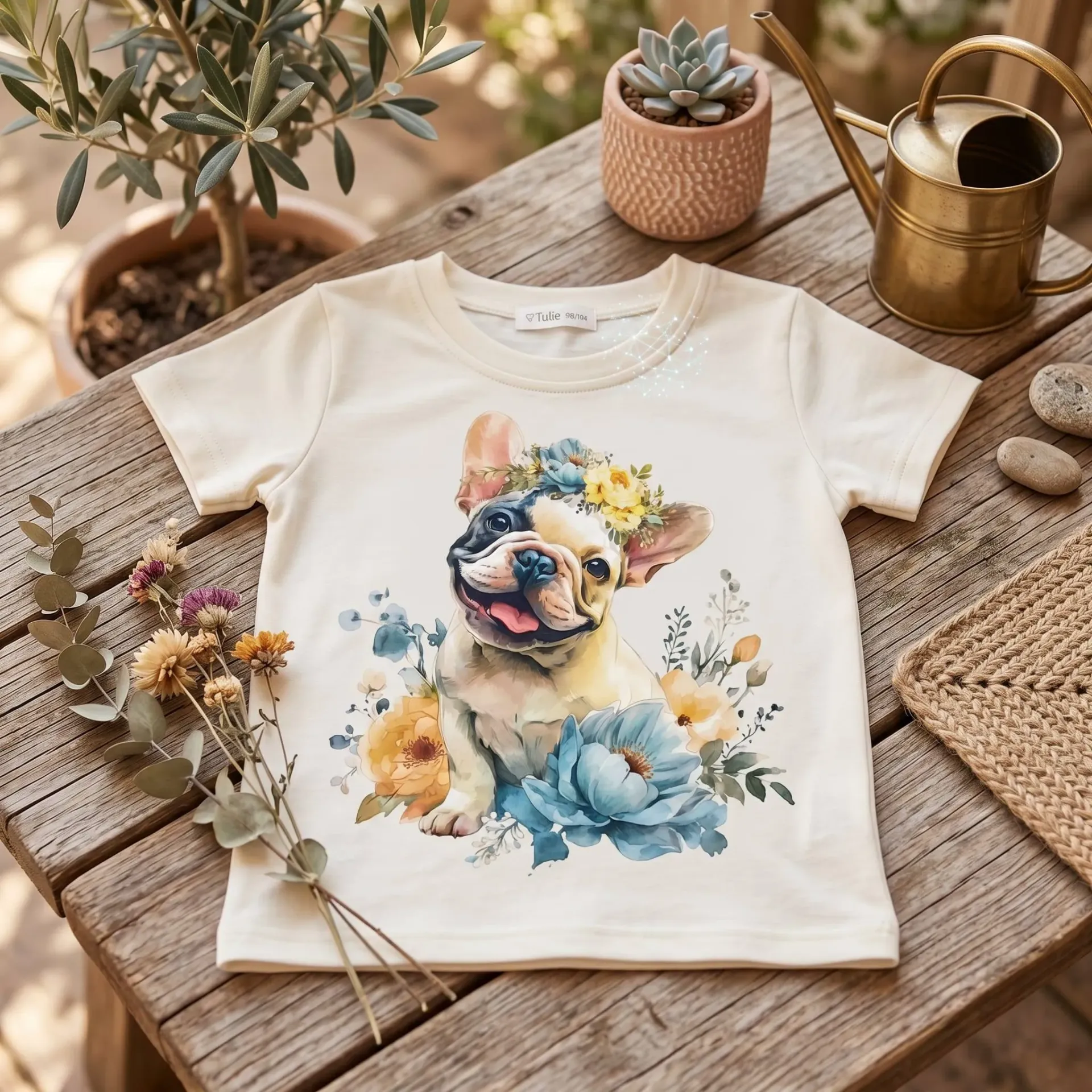 Meisjes T-shirt met bulldog en bloemen – ecru (86/92)