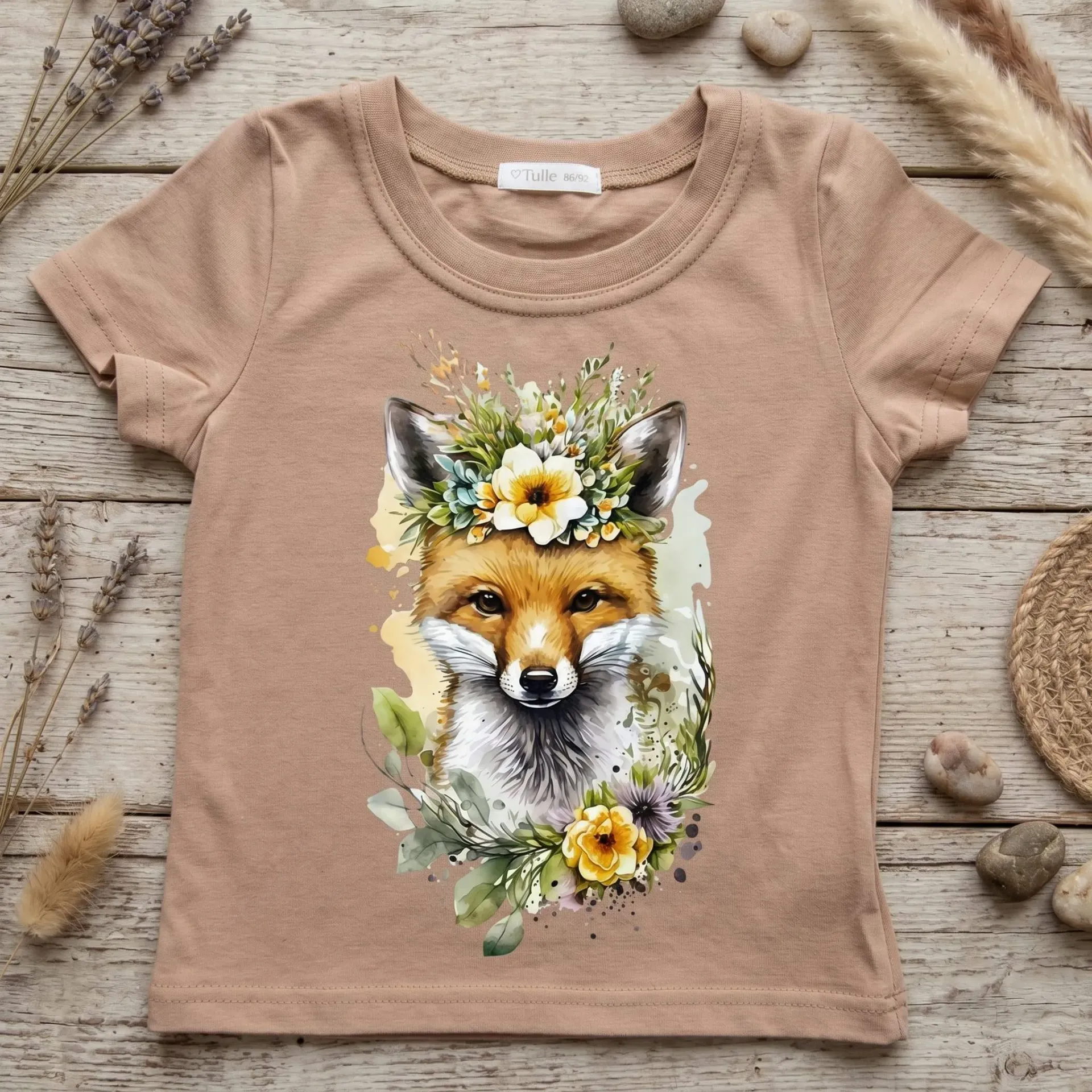 Meisjes T-shirt met vos en bloemenprint – beige – katoen (86/92)