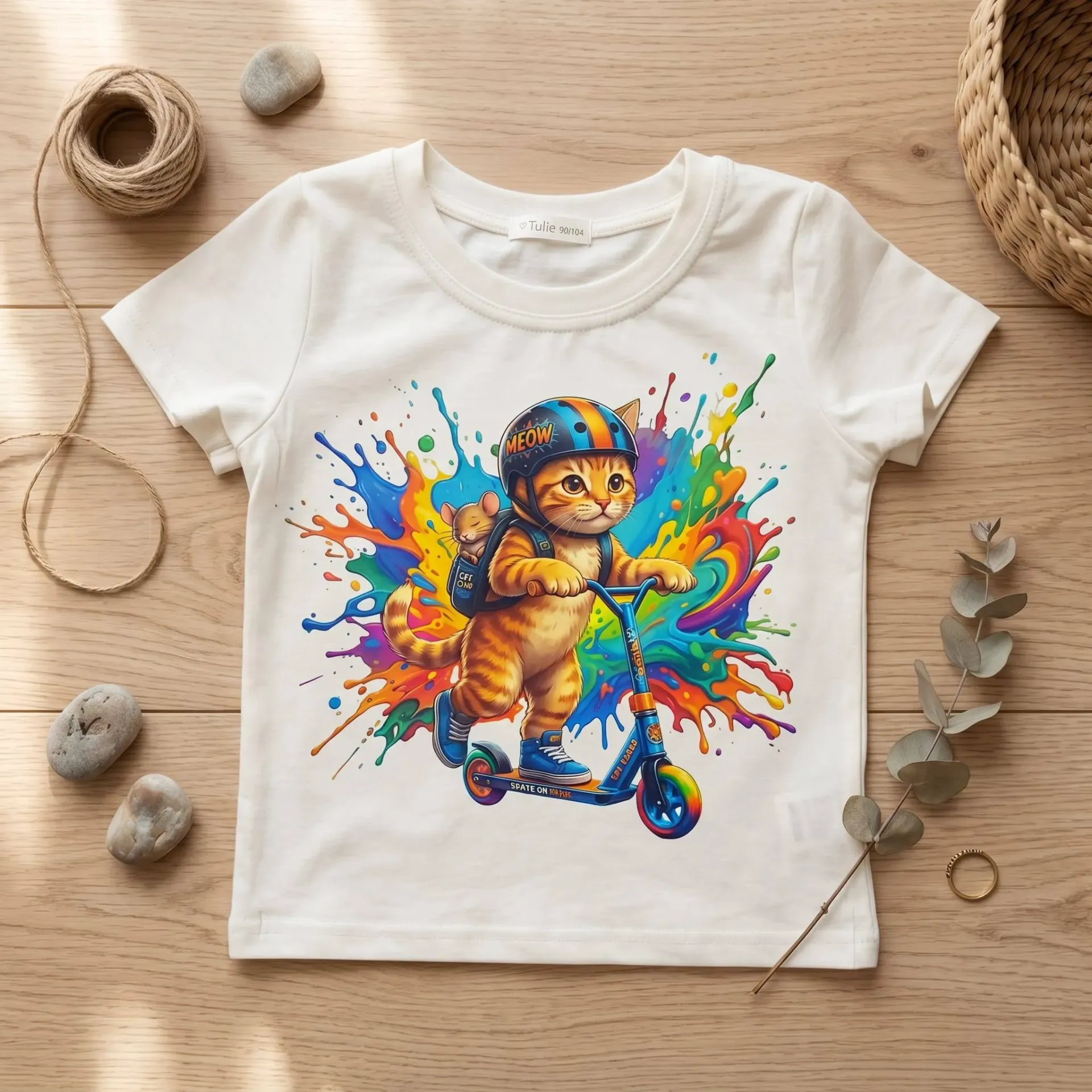 Dziewczęcy T-shirt regular fit kot na hulajnodze – kolorowy nadruk – ecru (86/92)