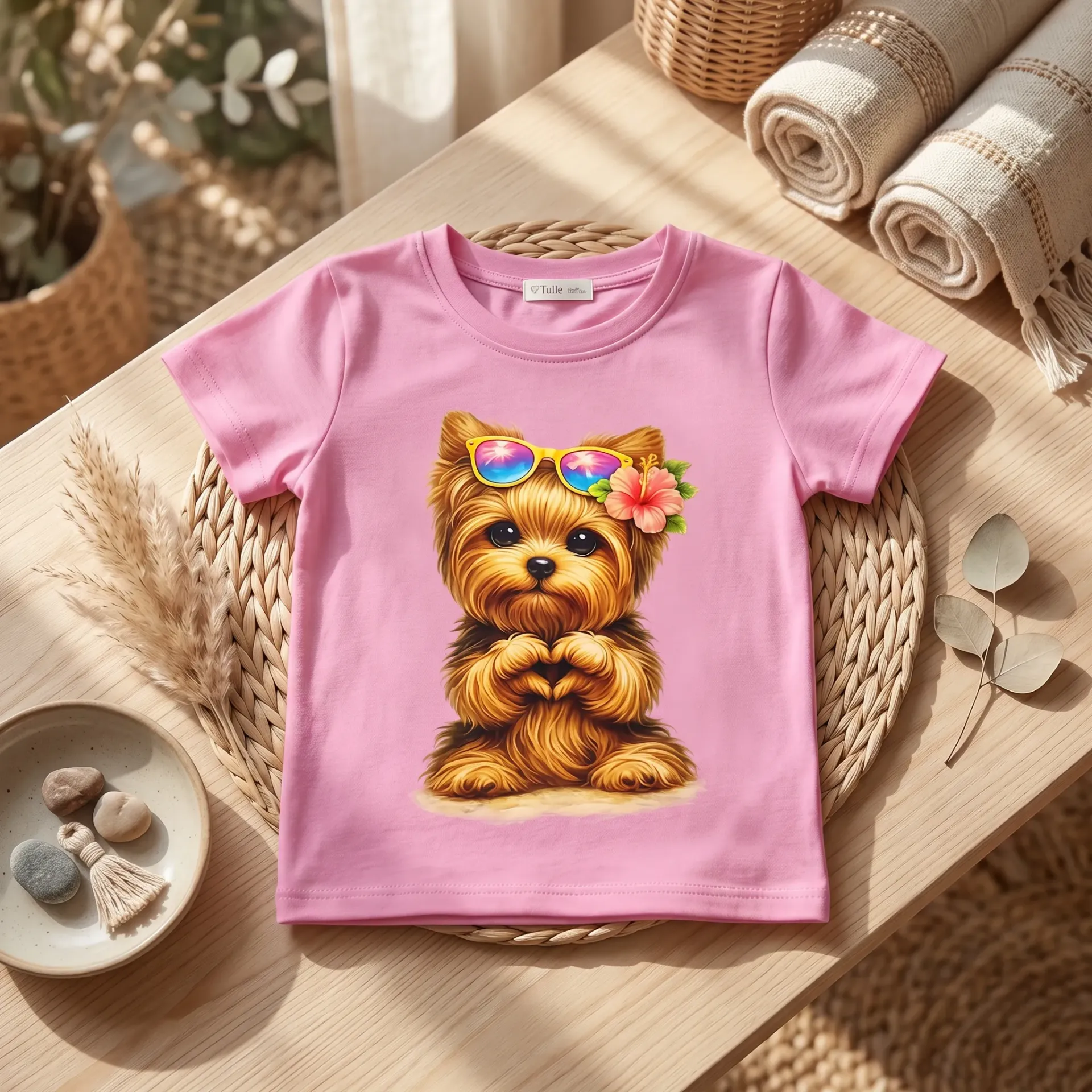 Meisjes T-shirt met schattig hondje en zonnebril – kleurrijke print – roze (86/92)