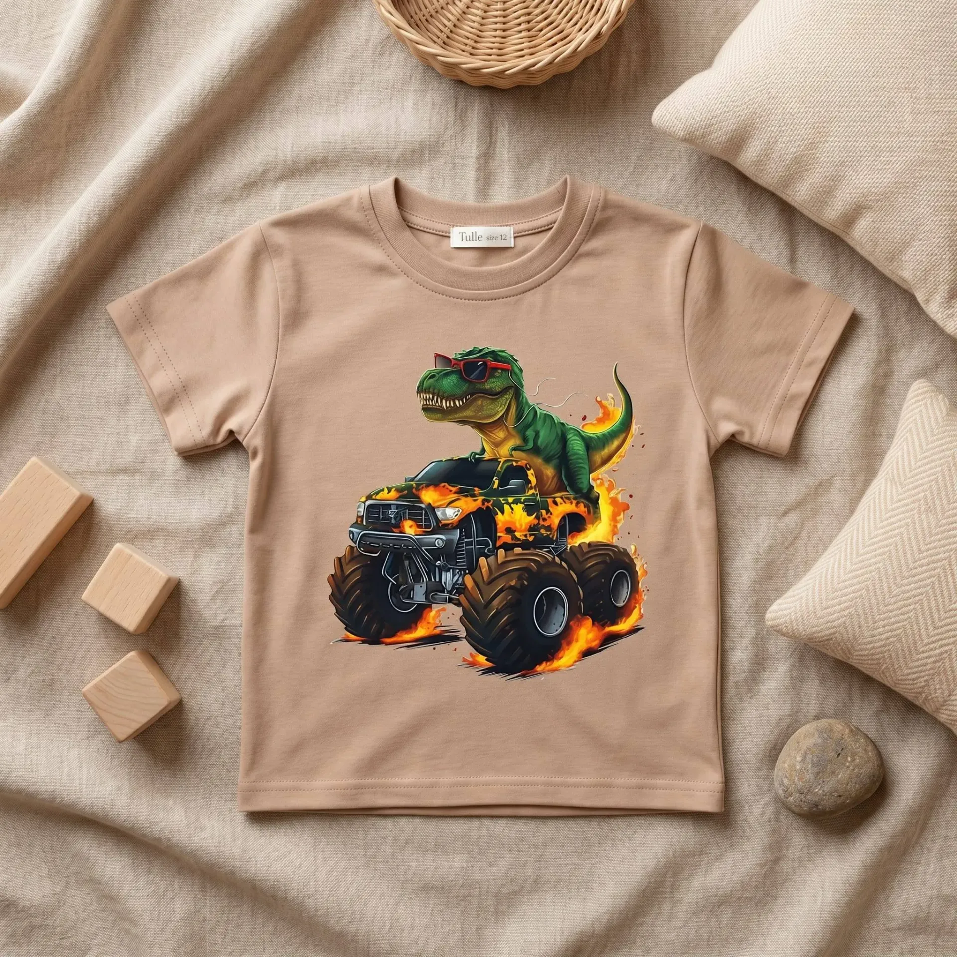 Kids T-shirt with dinosaur and monster truck – bold print – beige (86/92)