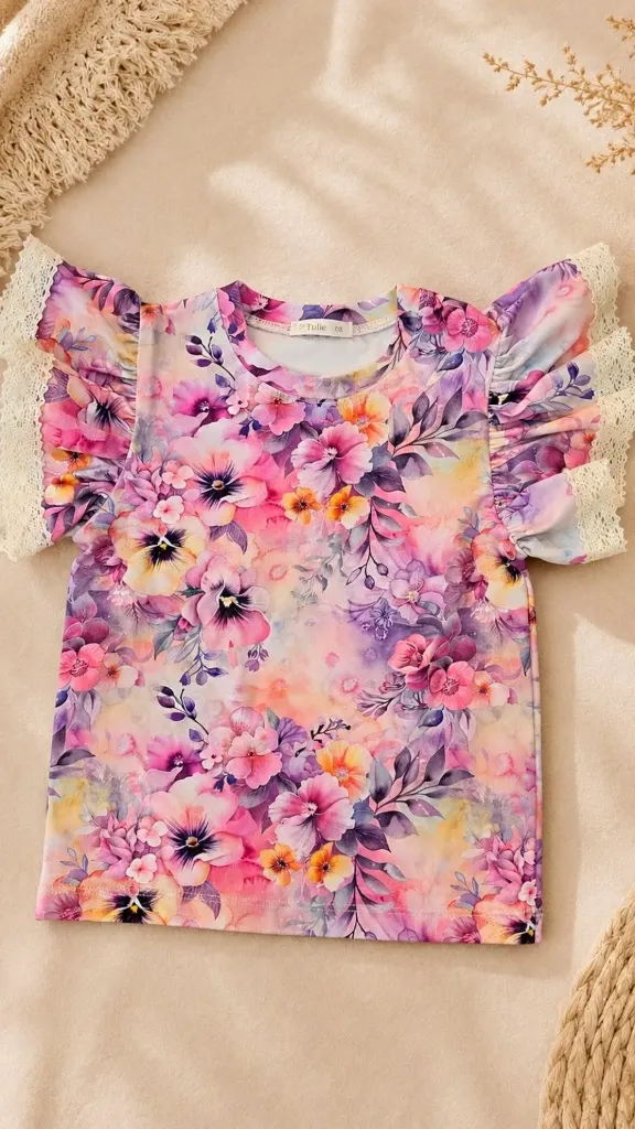 Girls Floral Blouse with Lace Ruffle Sleeves (86)