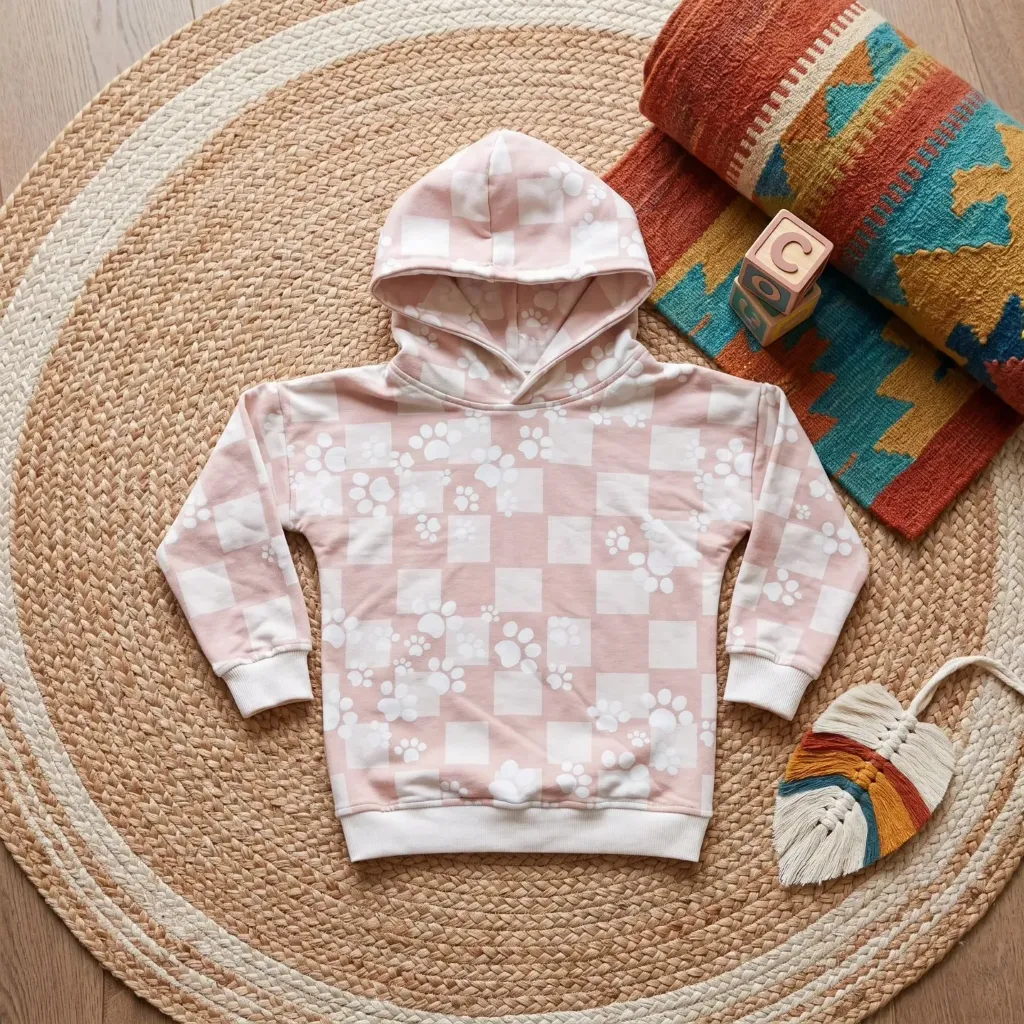 Bluza dziewczęca w kratkę z łapkami – premium z podwójnym kapturem (86)