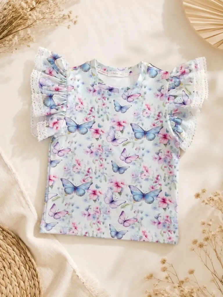 Girls Butterfly Blouse with Lace Ruffle Sleeves (86)