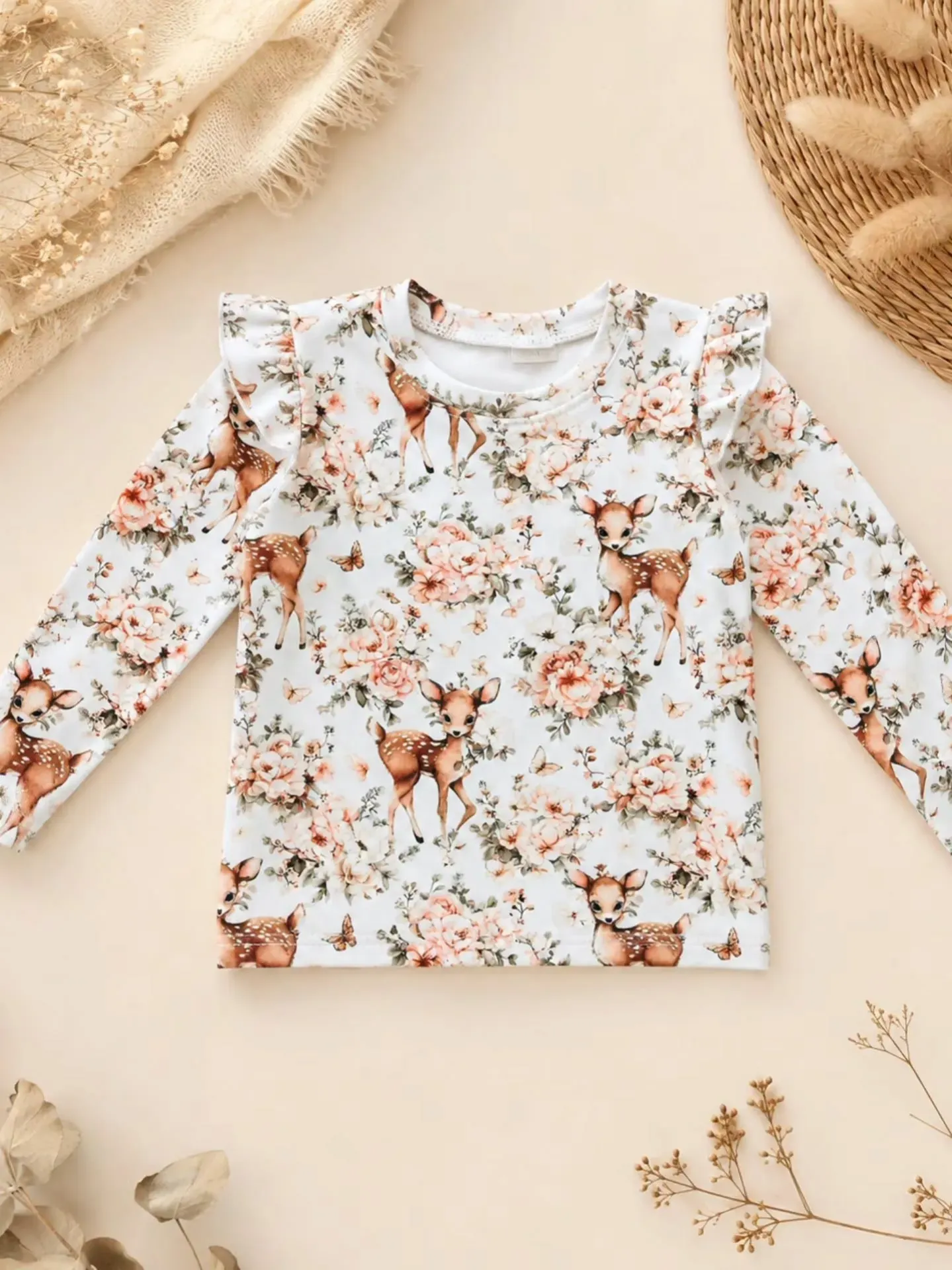 Girls’ Deer & Floral Top with Ruffle Shoulders (86)