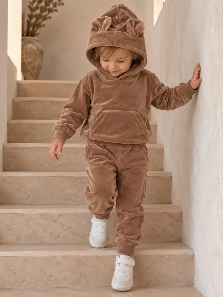 Brown Velour Baby & Kids Set – Hoodie with Cute Ears and Trousers (74)