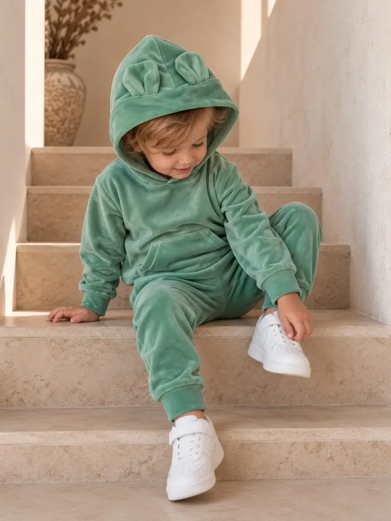 Groene Velours Baby & Kinder Set – Hoodie met Oortjes en Broek (74)