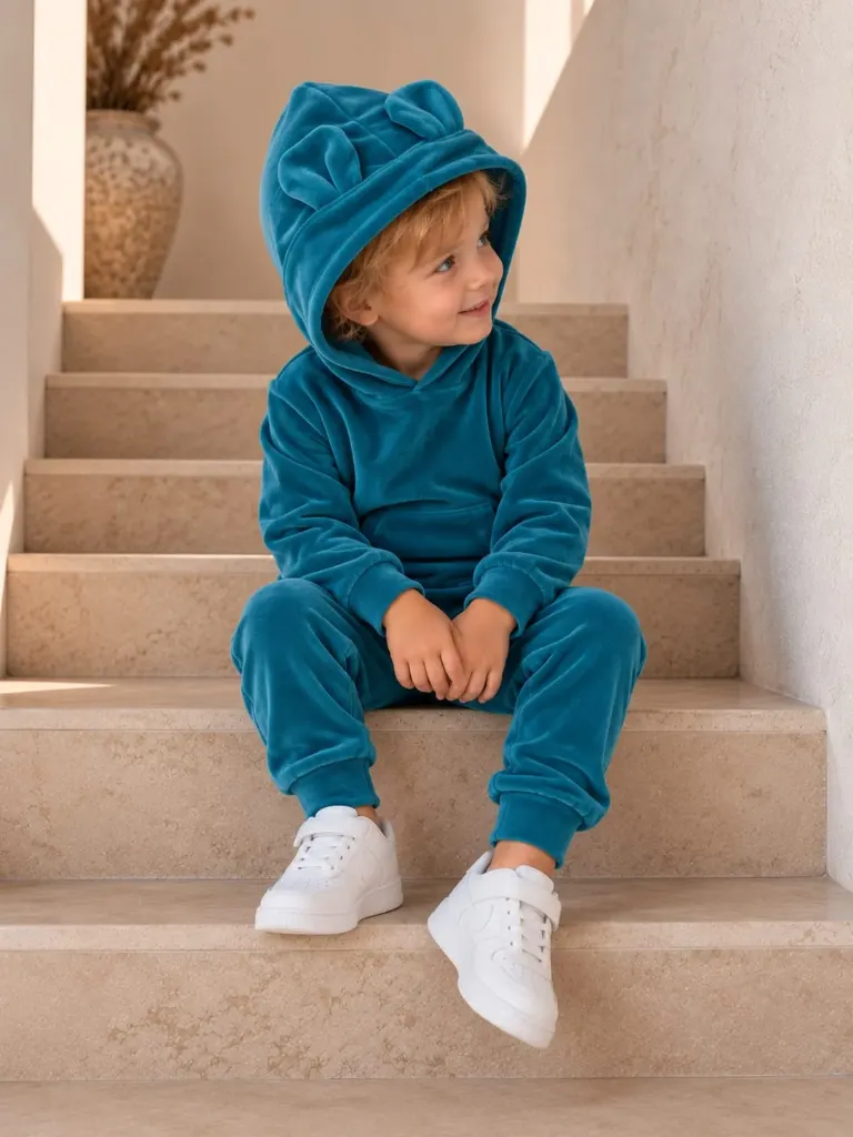 Turquoise Velours Baby & Kinder Set – Hoodie met Oortjes en Broek (74)