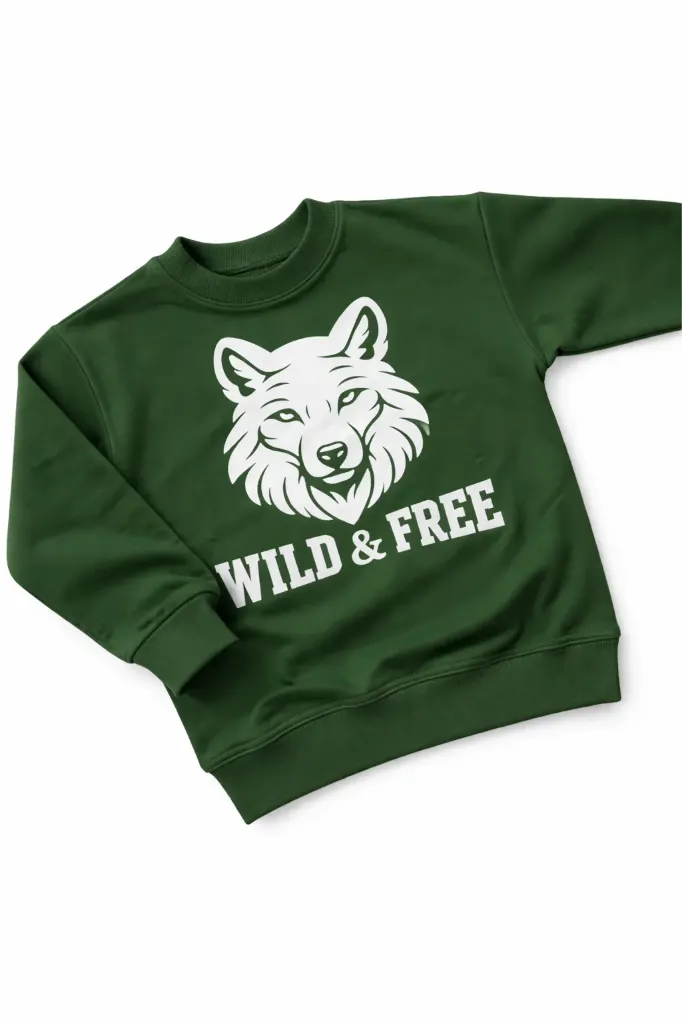 Groene Kindersweater met Wolfprint – Wild & Free (86/92)