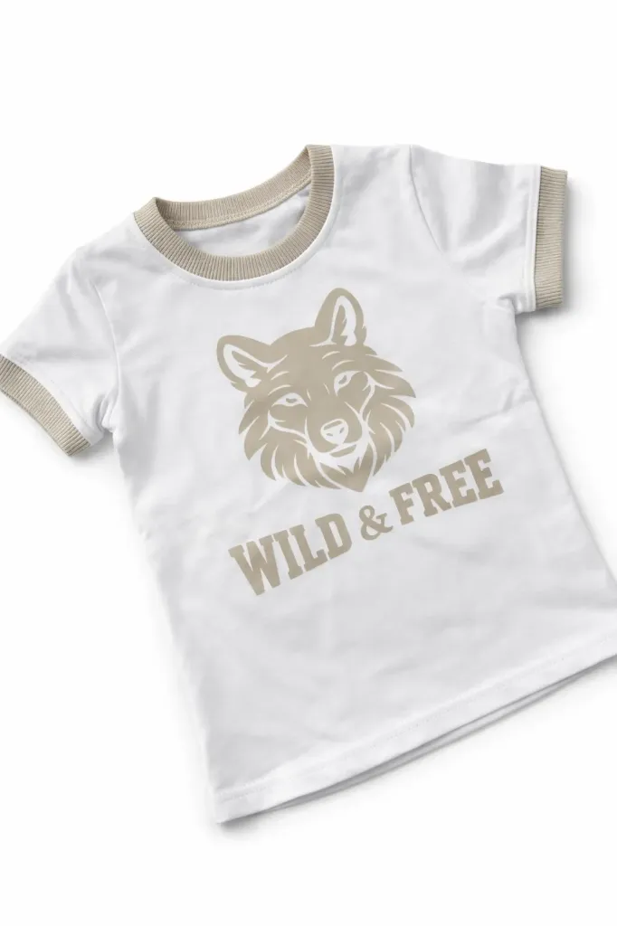 Biała koszulka dziecięca z beżowym wilkiem – Wild & Free