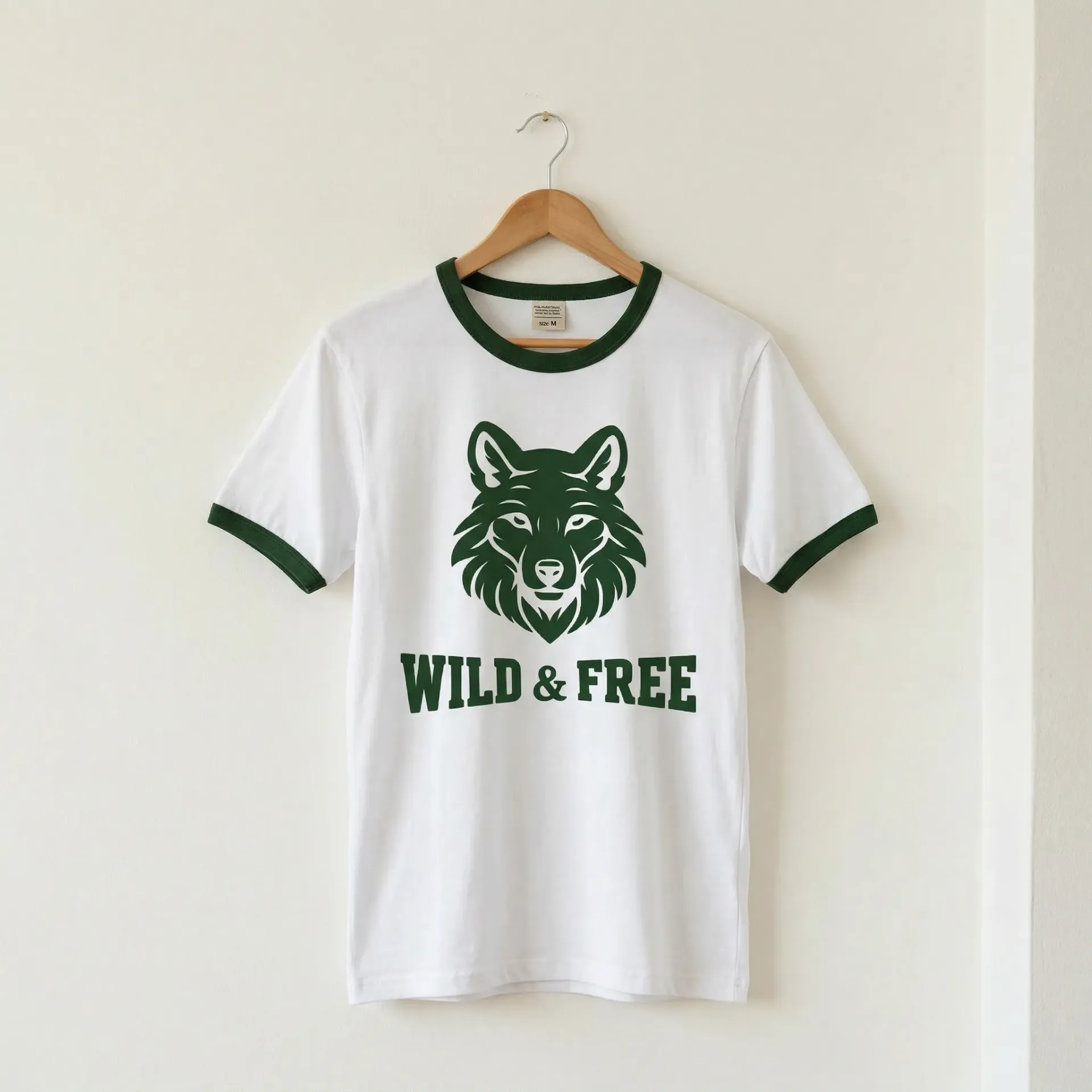 White Men’s T-shirt with Green Wolf Print – Wild & Free (M)