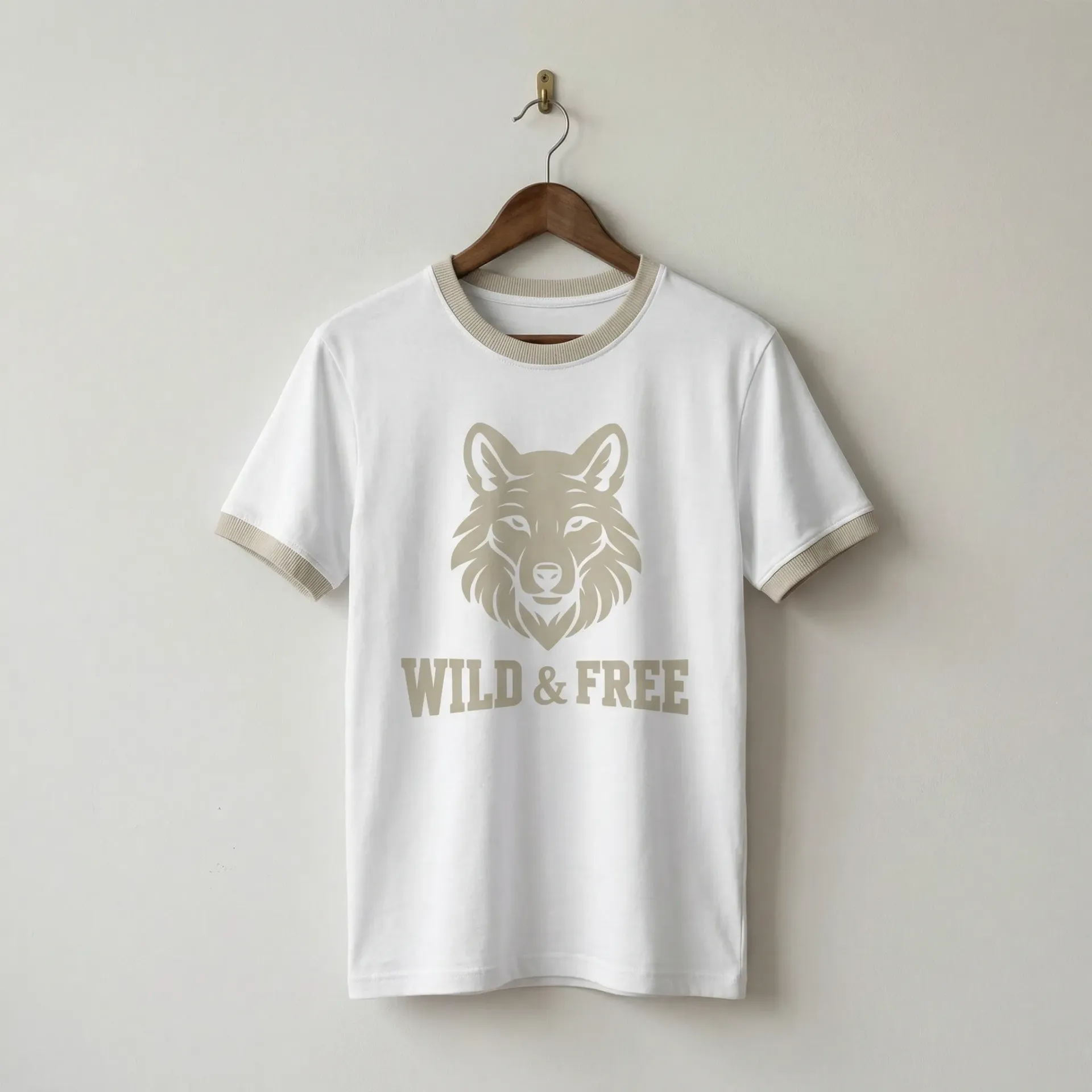 Biała koszulka męska z beżowym wilkiem – Wild & Free (M)