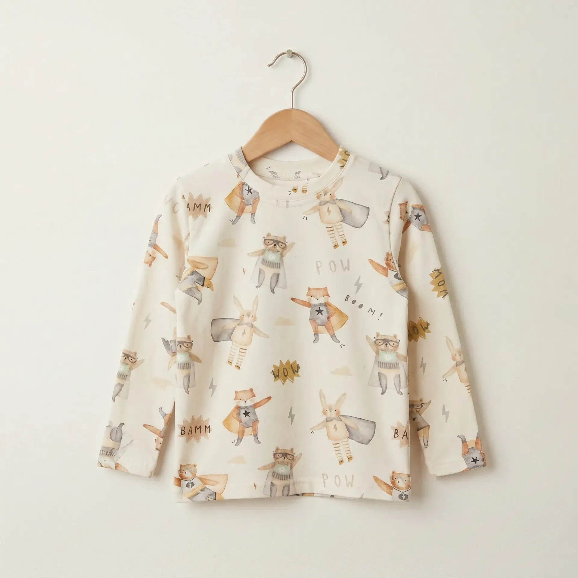 Beige Kids Long Sleeve T-shirt with Superhero Print (86)