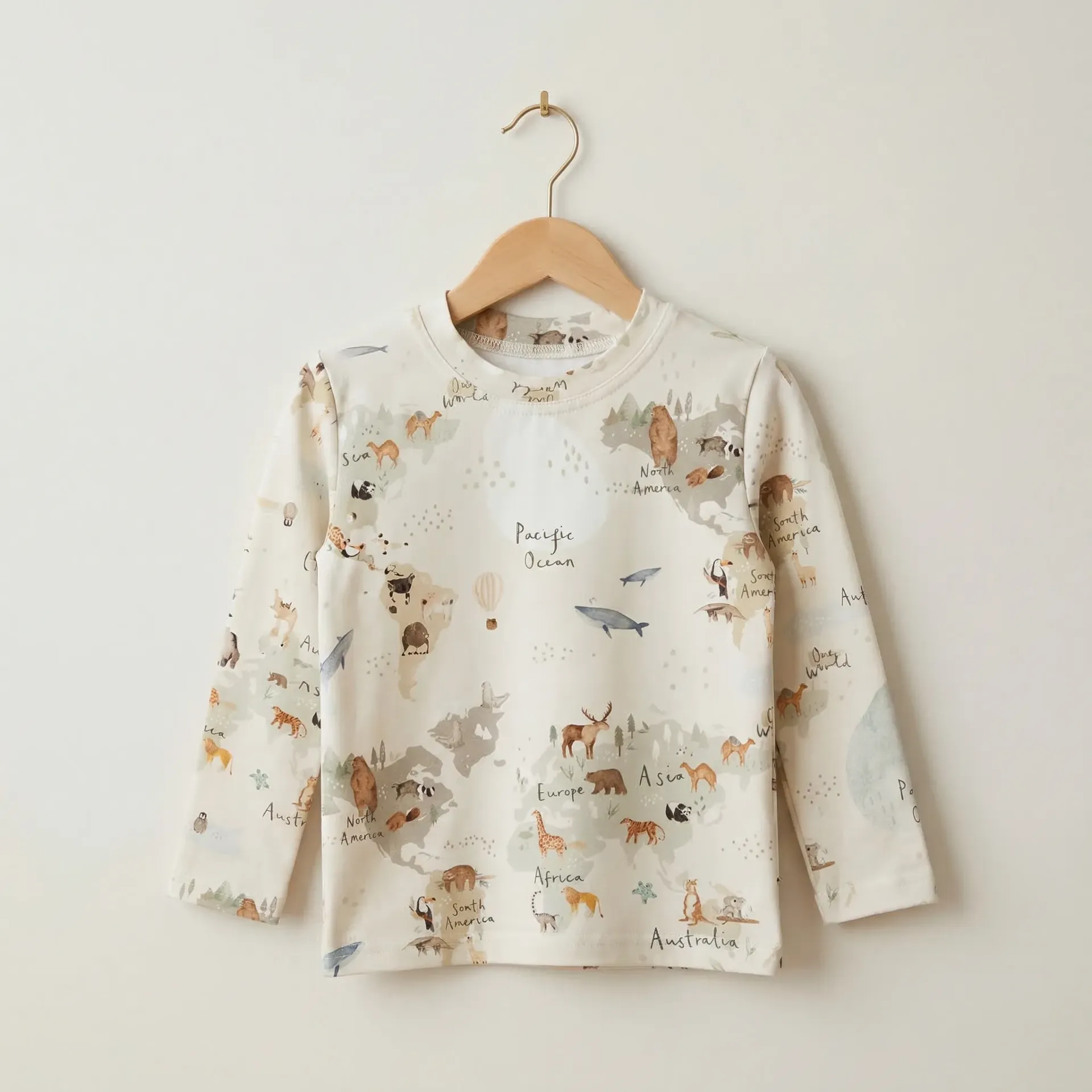 Beige Kids Long Sleeve T-shirt with World Map and Animal Print