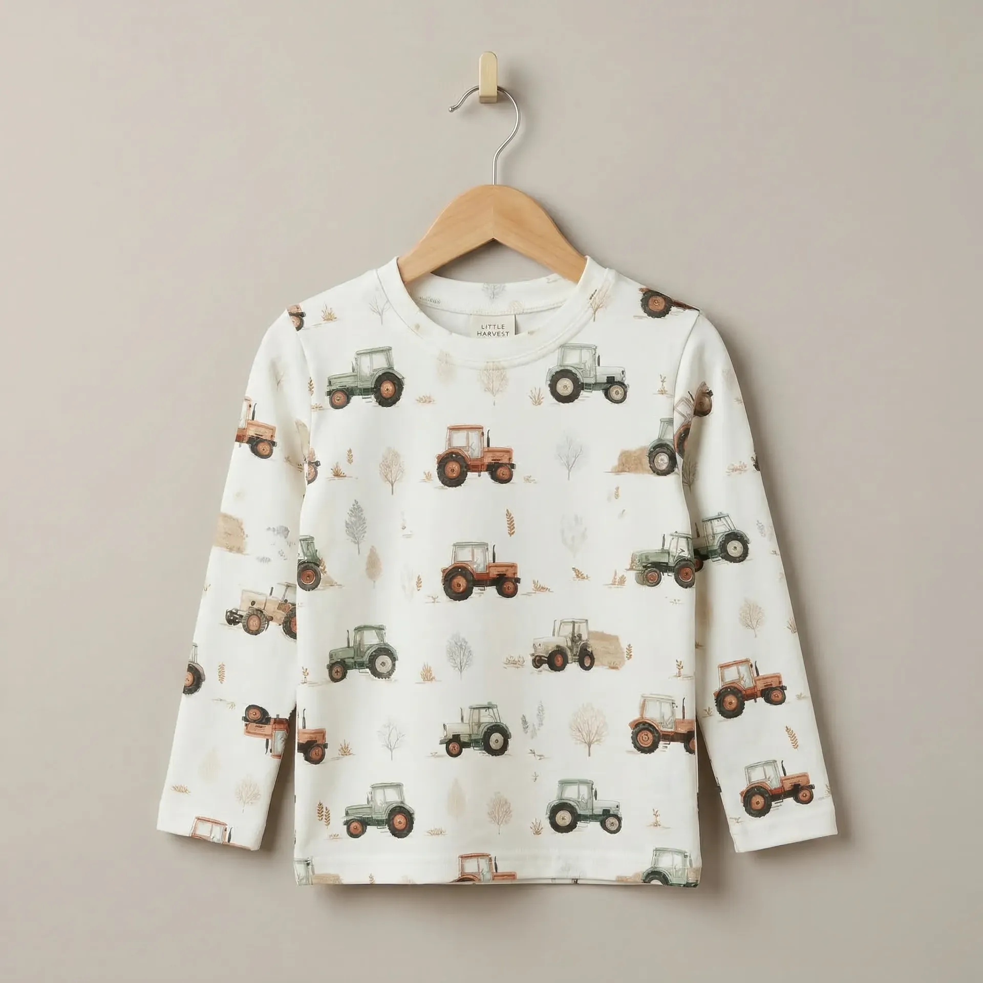 Beige Kids Long Sleeve T-shirt with Tractor Print
