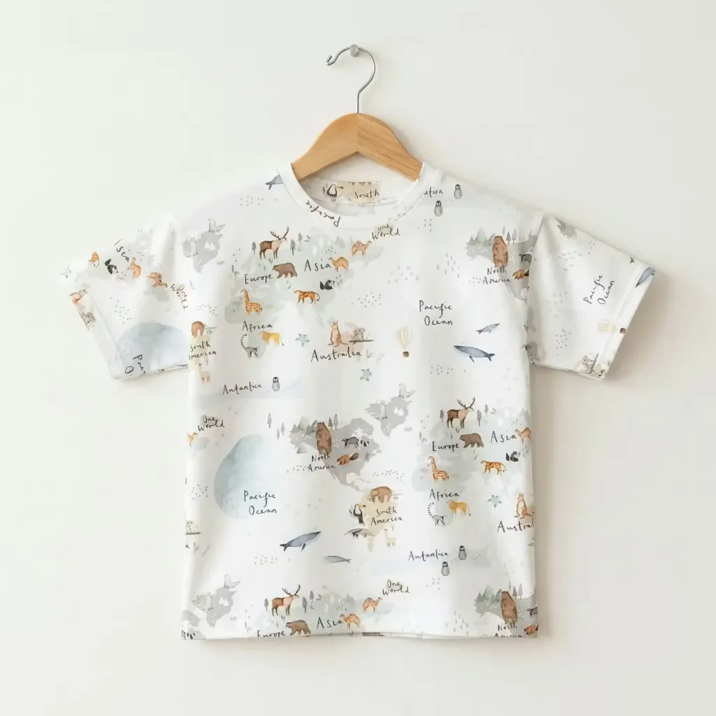 Dziecięcy T-shirt bawełniany z nadrukiem mapy świata (86/92)