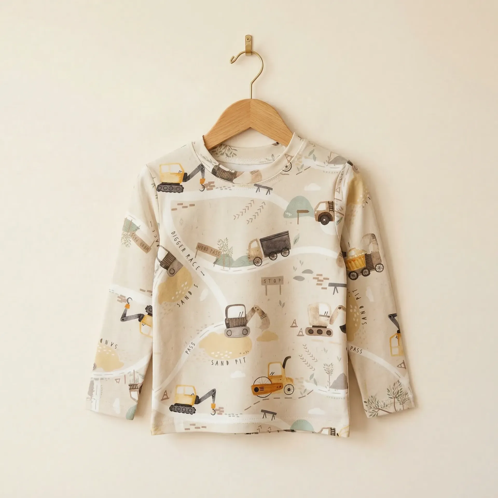 Beige Kids Long Sleeve Shirt with Excavator Print