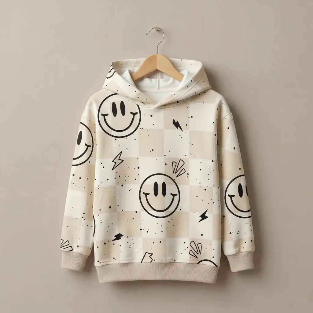 Beige kinder hoodie met smiley print