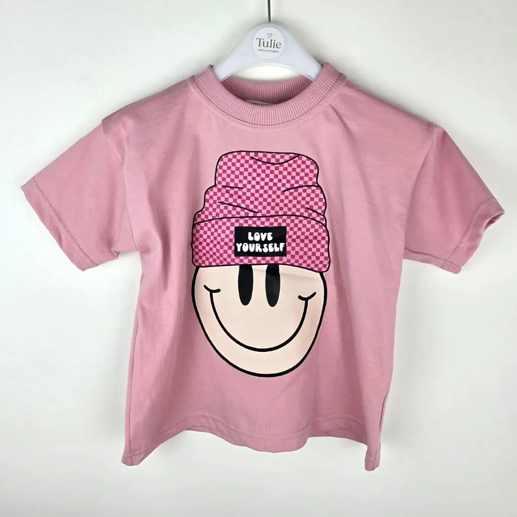 Roze Oversize Kinder T-shirt met Smiley – Love Yourself (86/92)