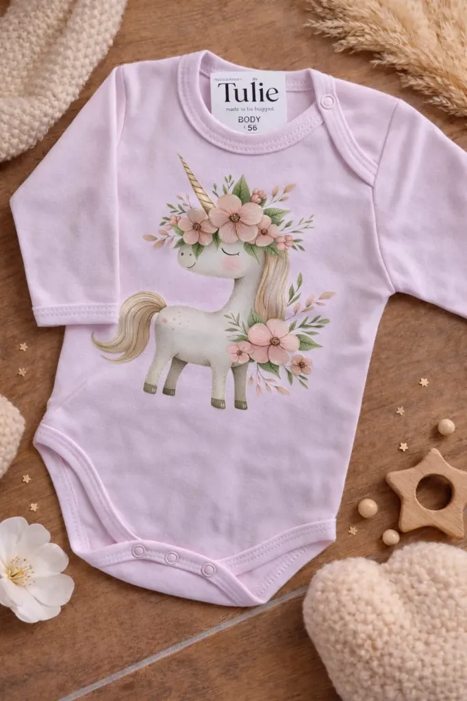 Roze baby romper met unicorn bloemen print katoen – meisjes (56)