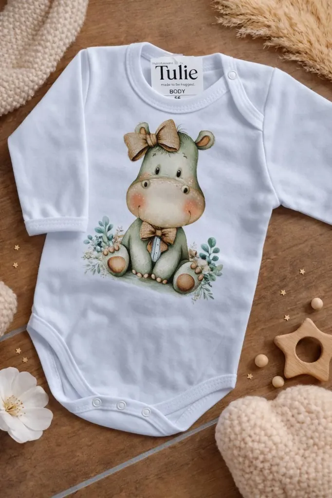 Witte baby romper met nijlpaard print 100% katoen (56)