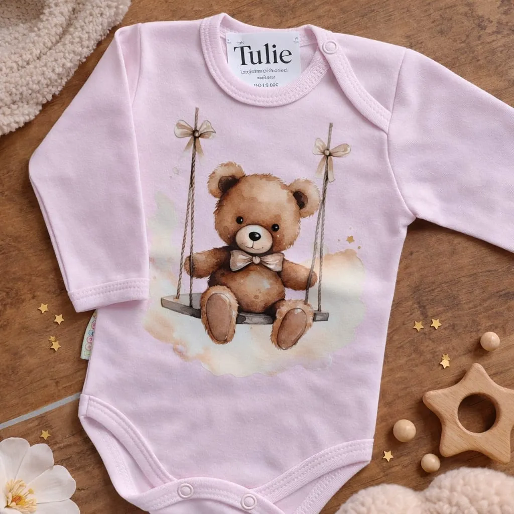 Roze baby romper met beer schommel print katoen – meisjes (56)