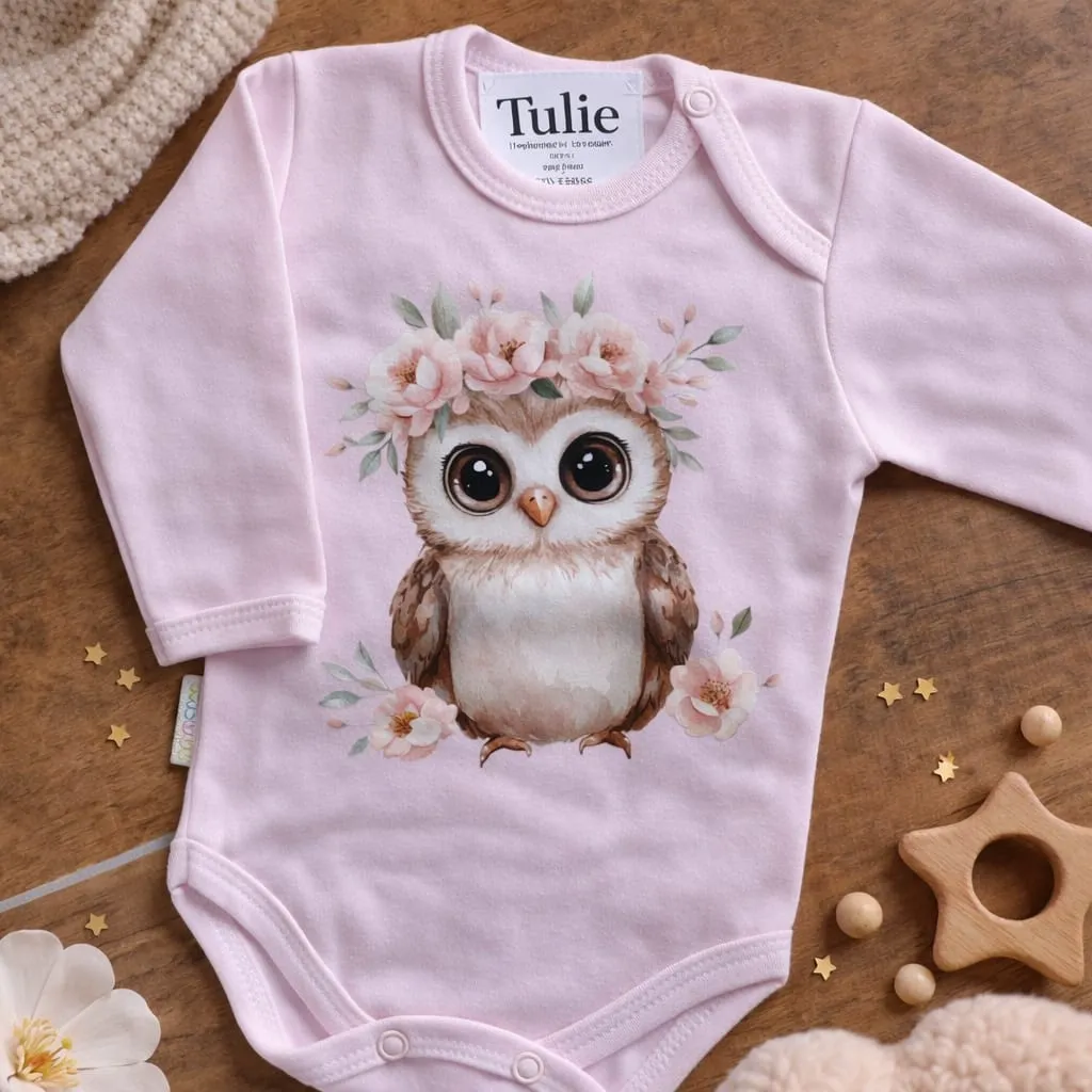 Pink baby bodysuit with owl floral print cotton – girls (56)