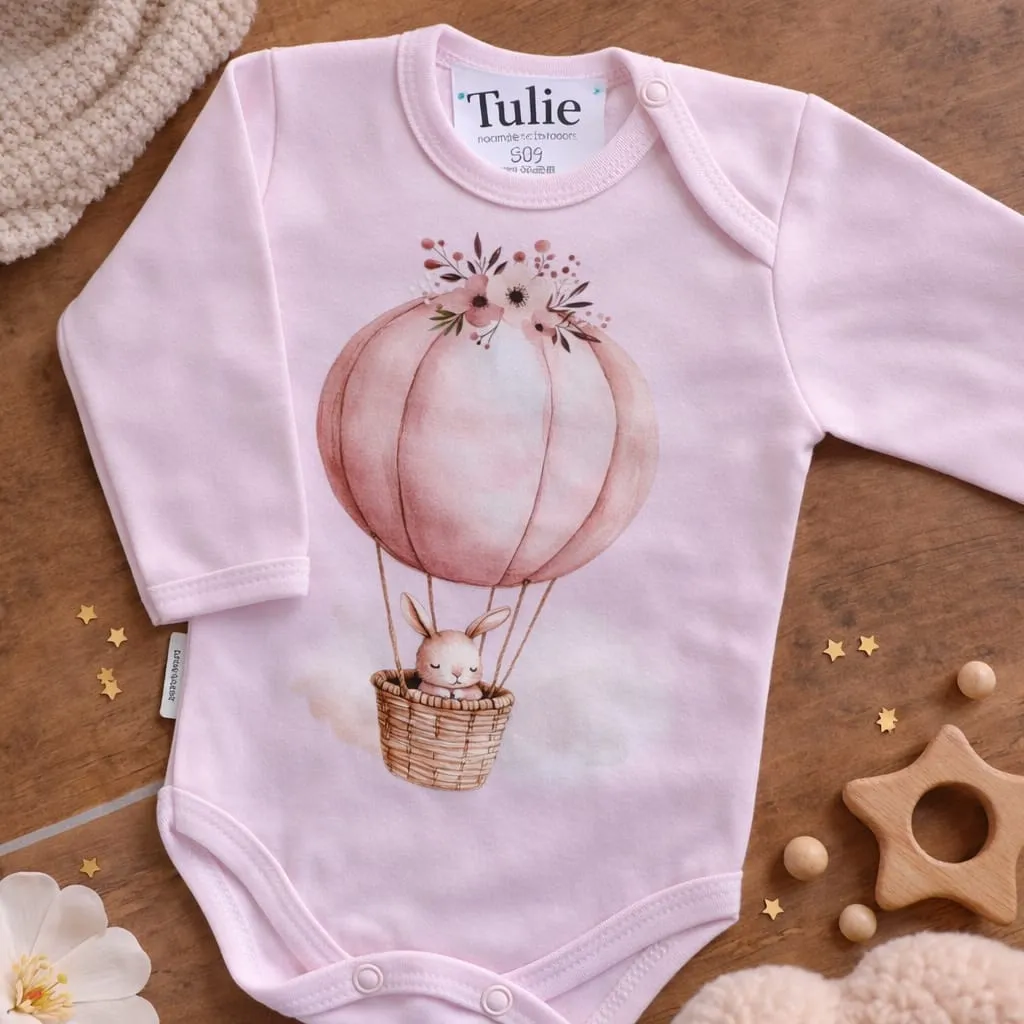 Pink baby bodysuit with hot air balloon bunny print cotton – girls (56)