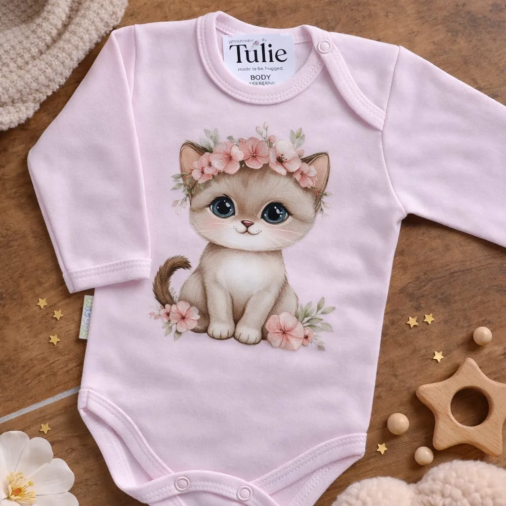 Roze baby romper met kitten bloemen print katoen – meisjes (56)