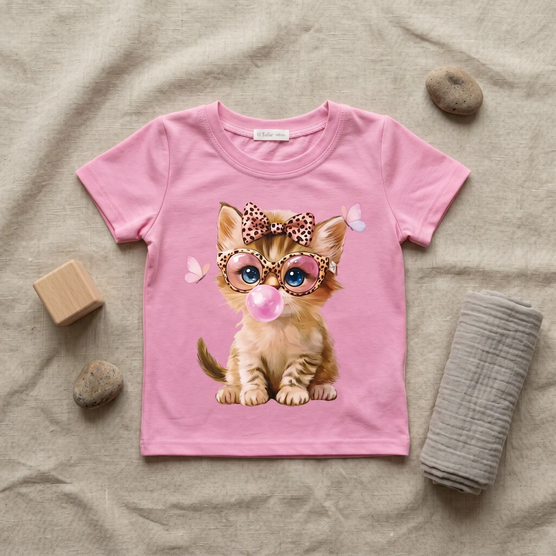 Meisjes T-shirt met kitten en strik – roze (86/92)
